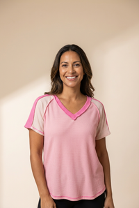 Women's Pink Colorblock Knit V-Neck T-shirt with Exposed Seam