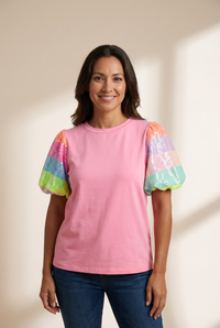 Women's Pink Sequin Striped Puff Sleeve Colorblock Top for Women