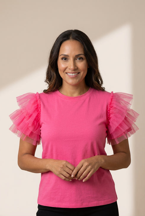 Women's Pink Tulle Ruffle Sleeve Cotton Top in Jeans