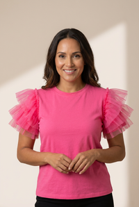 Women's Pink Tulle Ruffle Sleeve Cotton Top in Jeans