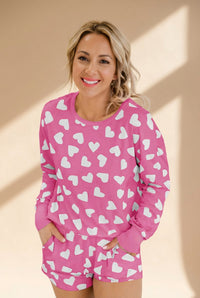 Women's Cozy Pink Heart Print Lounge Set for Romantic Nights