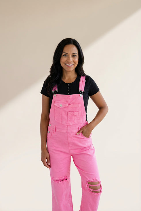 Women's Distressed Pink Denim Overall with Wide Leg