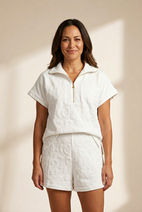 Women's White Leopard Jacquard Quarter Zip Tee and Shorts Set