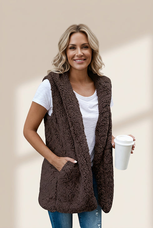 women's warm sherpa sleeveless hoodie vest made for easy styling and wardrobe coordination, with premium-like structure and finish. with practical