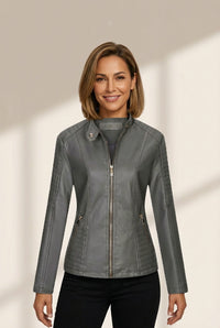Women's Elevate Your Look: Stylish Zip-Up Grey Leather Jacket