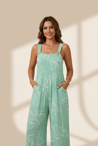 Women's Casual V-Neck Jumpsuit with Letter Print and Knotted Detail
