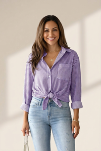 Women's Striped Button Down Roll-up Long Sleeves Point Collar Blouse, photo 12