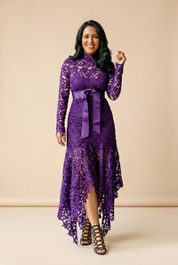 Women's Lace Hollow Long Sleeve Stand Collar Irregular Dress, photo 11