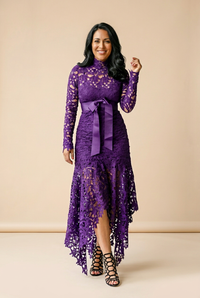 Women's Lace Hollow Long Sleeve Stand Collar Irregular Dress, photo 11