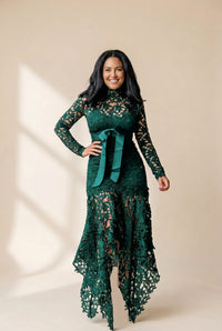 Women's Lace Hollow Long Sleeve Stand Collar Irregular Dress, photo 12