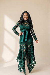 Women's Lace Hollow Long Sleeve Stand Collar Irregular Dress, photo 12
