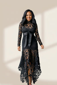 Women's Lace Hollow Long Sleeve Stand Collar Irregular Dress, photo 13