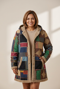 Women's Vintage Patchwork Printed Long Sleeve Button-Up Hooded Coat, photo 10