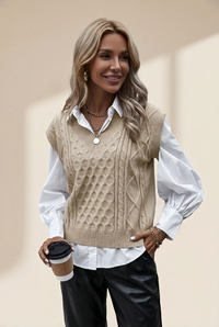 Women's Knit V-Neck Vest Sleeveless Cable Sweater - Bishop - Poet - Halter, photo 7