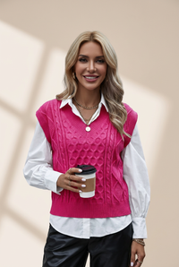 Women's Knit V-Neck Vest Sleeveless Cable Sweater - Bishop - Poet - Halter, photo 9