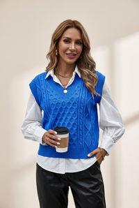 Women's Knit V-Neck Vest Sleeveless Cable Sweater - Bishop - Poet - Halter, photo 10