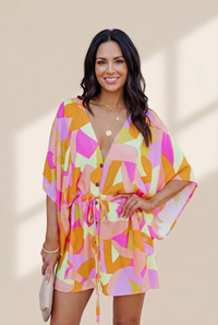 Women's Chic Deep V Neck Printed Mini Dress with Button Detail, photo 9