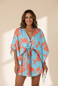 Women's Chic Deep V Neck Printed Mini Dress with Button Detail, photo 12