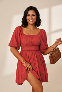 Women's Square Neck Lantern Sleeve Tie Backless Ruffle A-Line Casual Mini Dress