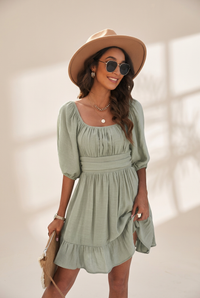 Women's Square Neck Lantern Sleeve Tie Backless Ruffle A-Line Casual Mini Dress