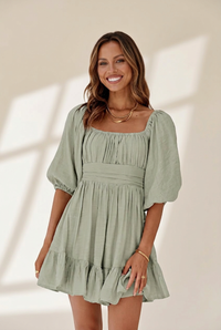Women's Square Neck Lantern Sleeve Tie Backless Ruffle A-Line Casual Mini Dress