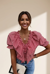 Women's Layered Plaid Short Sleeve V-Neck Lotus Leaf Blouses