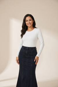 Women's High-Waist Mermaid Denim Midi Skirt with Pintuck Detail