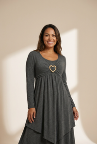 Women's Plus Size Elegant Dress, Women's Plus Plain Long Sleeve Layered Heart Ring Decor Round Neck Maxi Dress