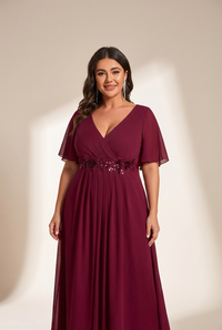 Women's Burgundy Chiffon Plus Size Wedding Guest Dress