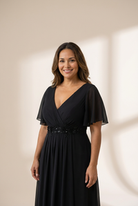 Women's Graceful Plus Size Floral A-Line Chiffon Evening Dress with Short Sleeves