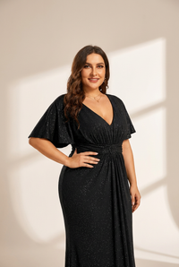 Women's Glamorous Plus Size Mermaid Evening Gown with Glitter Bat-Wing Sleeves and Waist-Cinching Detail