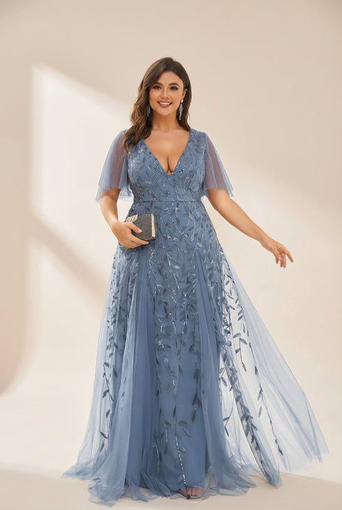 Women's Plus Size V-Neck Embroidered Tulle Evening Gown with Flutter Sleeves