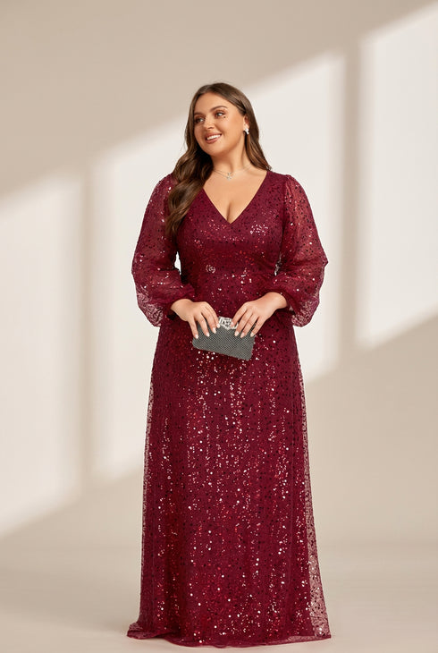 Women's Burgundy Sequin A-Line Gown with Lantern Sleeves
