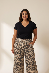 plus size women's khaki leopard print wide leg pants with drawstring pockets and exposed seams for chic comfort made for easy styling and wardrobe
