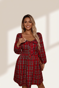 Plus Size Women's Red Christmas Plaid Dress with Ribbon Bow, Square Neck, Long Sleeve - Ideal Holiday Party Look made for easy styling and wardrobe