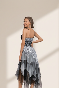 Women's Floral Lace and Tiered Tulle Handkerchief Cocktail Dress
