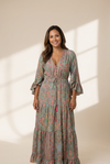 Women's Retro Paisley V-Neck Tiered Maxi Dress with Flared Sleeves