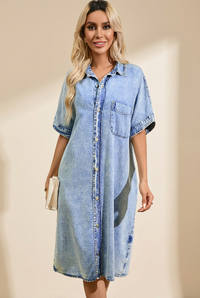 Women's Retro Short Sleeve Denim Midi Shirt Dress