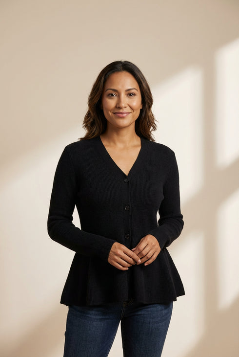 Women's V-Neck Ribbed Peplum Button-Down Cardigan made for easy styling and wardrobe coordination, with premium-like structure and finish.