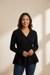 Women's V-Neck Ribbed Peplum Button-Down Cardigan made for easy styling and wardrobe coordination, with premium-like structure and finish.