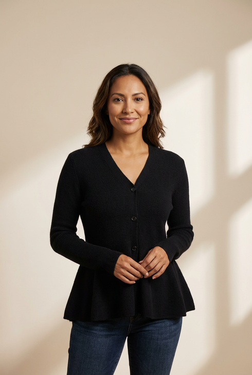 V Neck Long Sleeve Ribbed Pullover Knitted Peplum Sweater