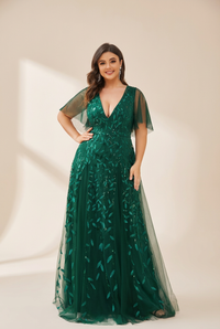 Women's Emerald Leaf Sequin A-Line Plus Size Evening Gown