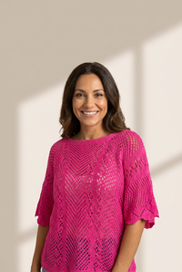 Women's Rose Red Pointelle Knit Scalloped Edge Short Sleeve Top with Crochet Detail