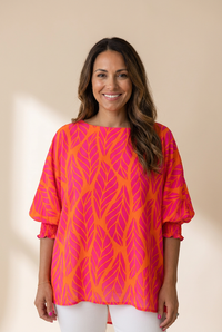 Women's Rose Tropical Leaf Print Smocked Puff Sleeve Blouse