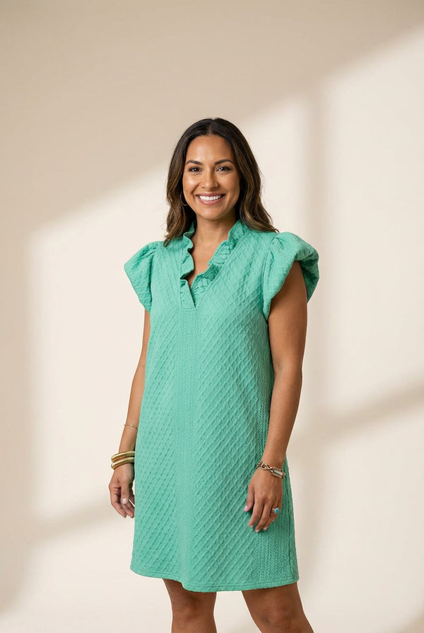 Women's Seafoam Green Ruffle V-Neck Puff Sleeve Textured Shift Mini Dress