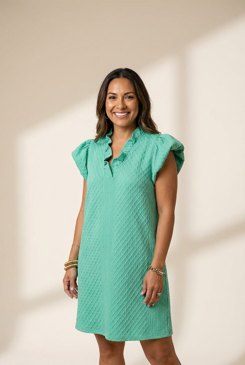 Women's Seafoam Green Ruffle V-Neck Puff Sleeve Textured Shift Mini Dress