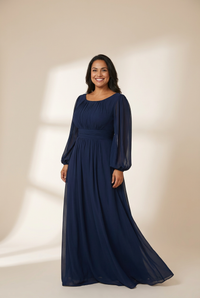 Women's Navy Empire Waist Chiffon Gown with Sheer Puff Sleeves