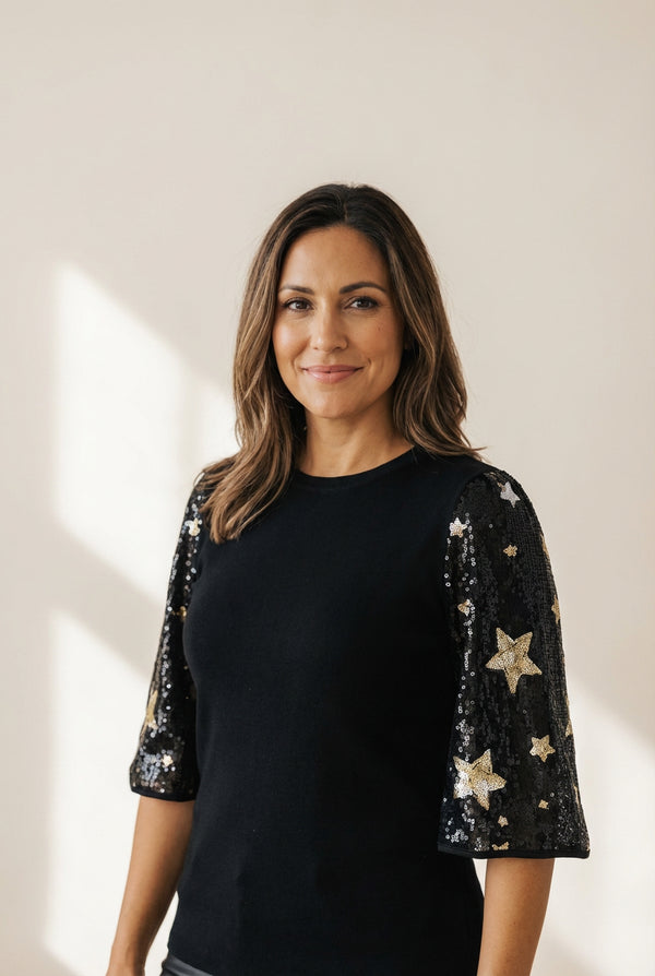 women's sequin star sleeve knit top made for easy styling and wardrobe coordination, with premium-like structure and finish. with practical styling