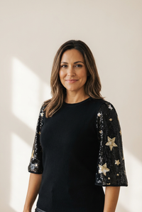 women's sequin star sleeve knit top made for easy styling and wardrobe coordination, with premium-like structure and finish. with practical styling
