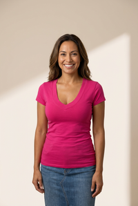 Deep V-Neck Fitted Short Sleeve Tee in Magenta Pink with practical styling and dependable silhouette control.
